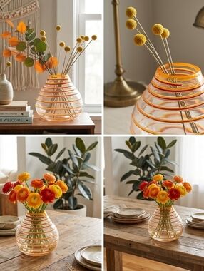 Handmade Blown Glass Vase – 8" Tall x 8" Wide – Swirled Orange & Clear – Modern